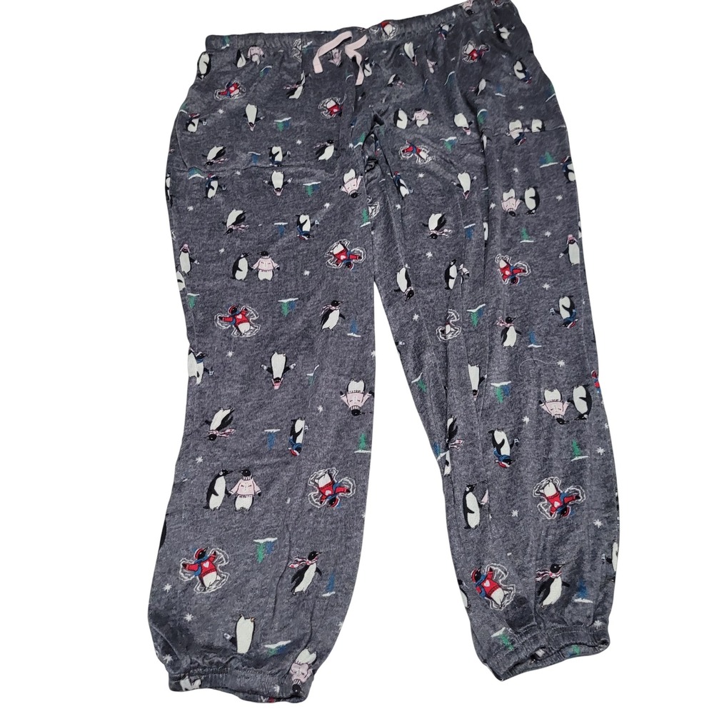 Joyspun Pajama Pants Womens 2X Grey Penguin Holiday Sleepwear Joggers